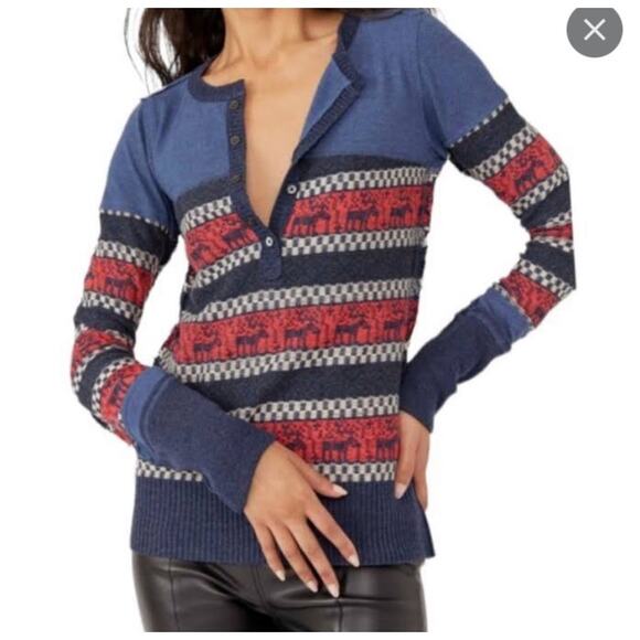 We The Free Sweater Womens M Blue Reindeer To The Woods Henley Thermal Top Crew - Picture 1 of 15